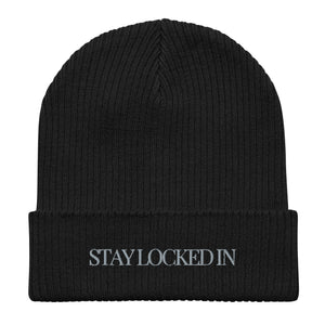 "Stay Locked In" Embroidered Typeface Organic Beanie