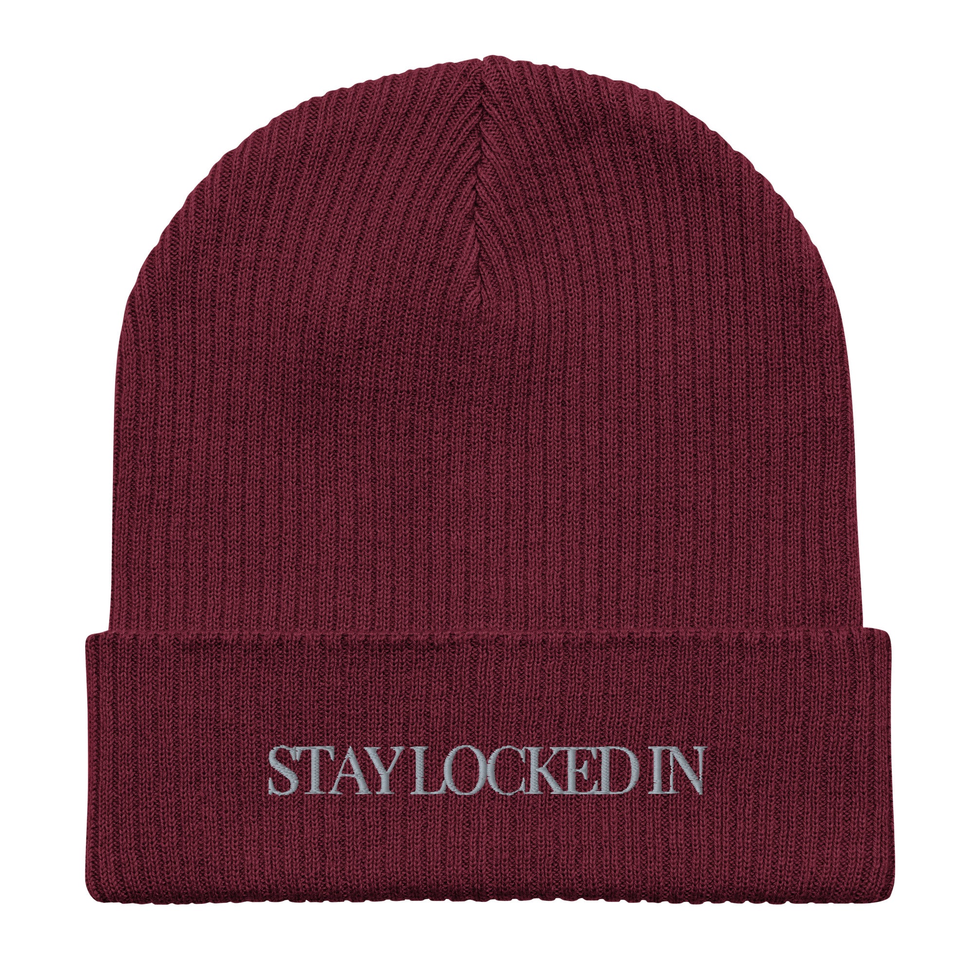 "Stay Locked In" Embroidered Typeface Organic Beanie